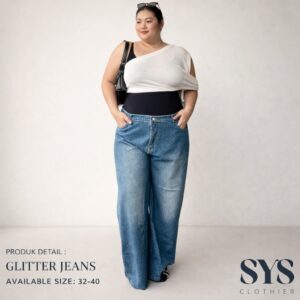 Sys Clothier Glitter Jeans Wanita l High Waist Wide Leg Denim Bigsize (Size 32-40)