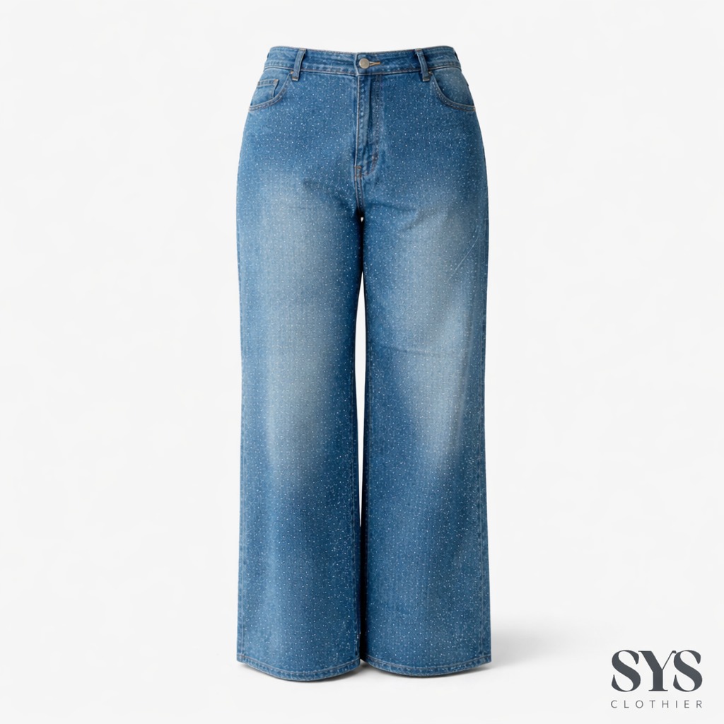 Sys Clothier Glitter Jeans Wanita l High Waist Wide Leg Denim Bigsize (Size 32-40) - Gambar 3