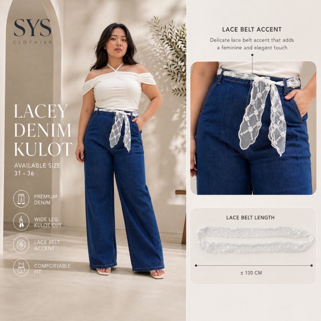 SYS Clothier Lacey Denim Kulot Jeans Wanita I High Waist Wide Leg Denim Premium Include Elegant Lace Belt (Size 31–36)