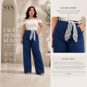 SYS Clothier Lacey Denim Kulot Jeans Wanita I High Waist Wide Leg Denim Premium Include Elegant Lace Belt (Size 31–36)