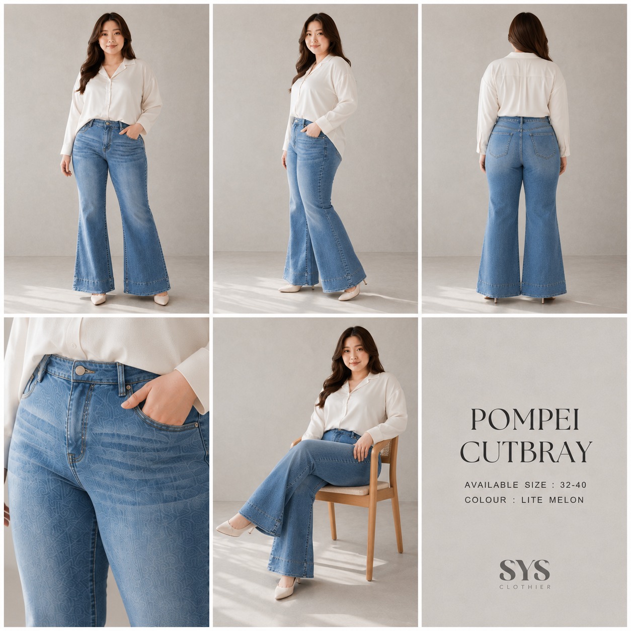 SYS CLOTHIER POMPEI Cutbray Jeans Wanita | High Waist Stretch Denim Jumbo & Regular (Size 32–40) - Gambar 5