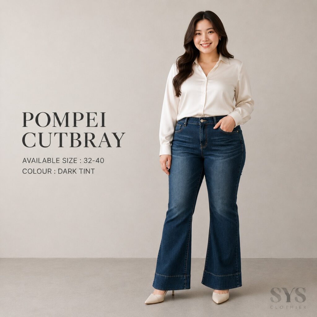 SYS CLOTHIER POMPEI Cutbray Jeans Wanita | High Waist Stretch Denim Jumbo & Regular (Size 32–40)
