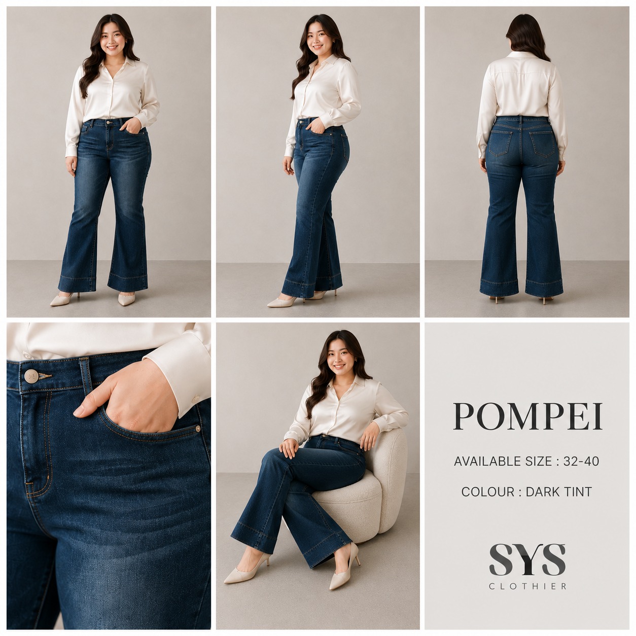 SYS CLOTHIER POMPEI Cutbray Jeans Wanita | High Waist Stretch Denim Jumbo & Regular (Size 32–40) - Gambar 3