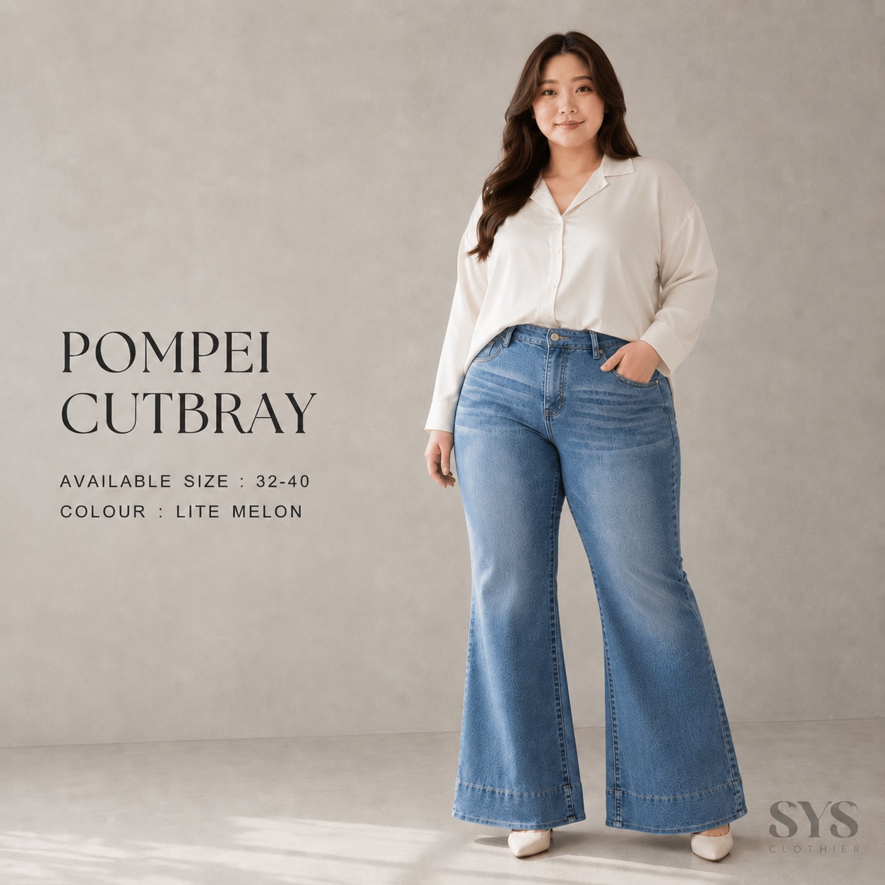 SYS CLOTHIER POMPEI Cutbray Jeans Wanita | High Waist Stretch Denim Jumbo & Regular (Size 32–40) - Gambar 4