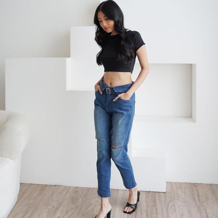 celana jeans wanita high waist sobek stylish