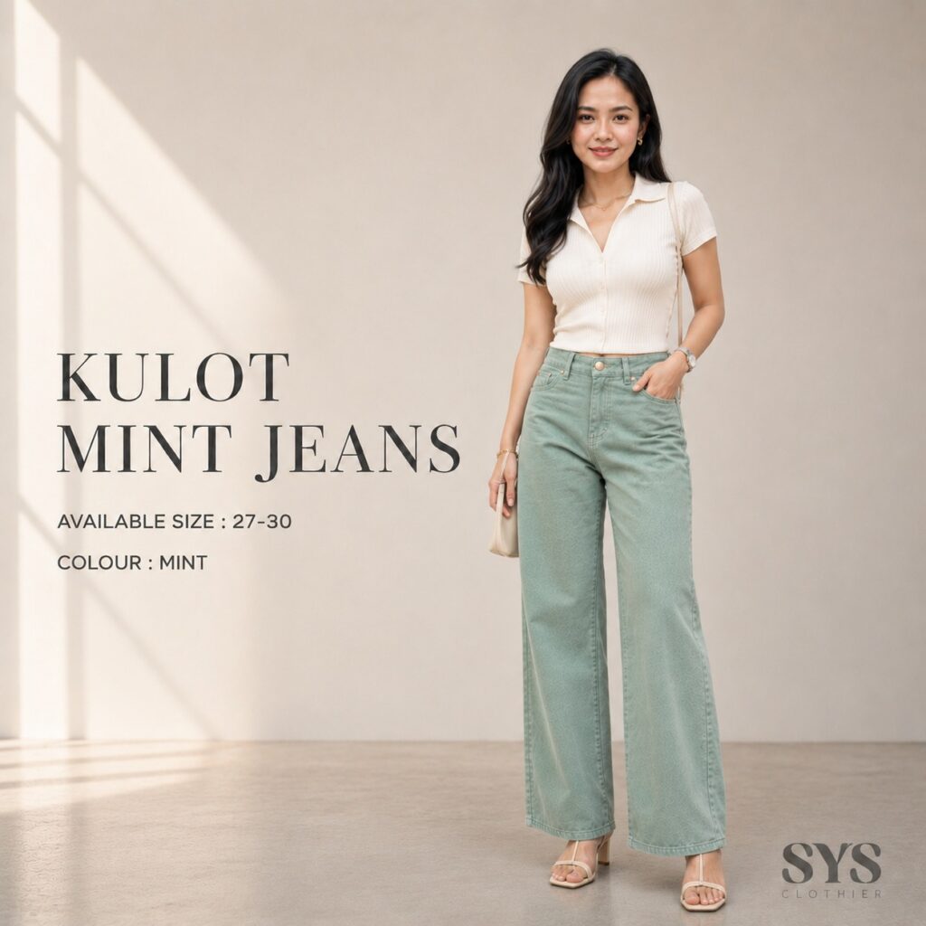 Sys Clothier Kulot Mint Jeans Wanita I Celana Premium High Waist Denim Wide Leg (Size 27-30)