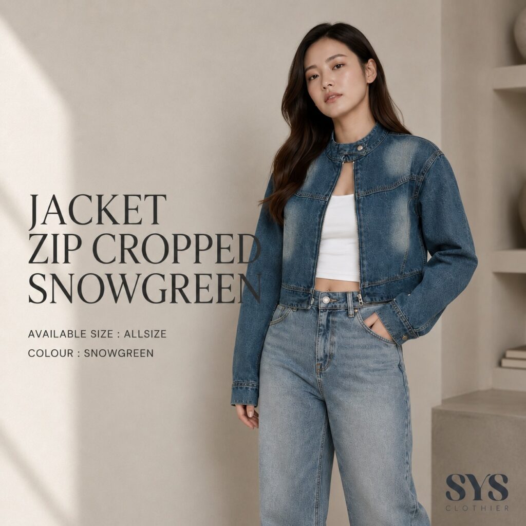 Sys Clothier Cropped Zip Denim Jacket Wanita Snowgreen | Premium Jaket Jeans Crop Cewek All Size (Fit to Size L)