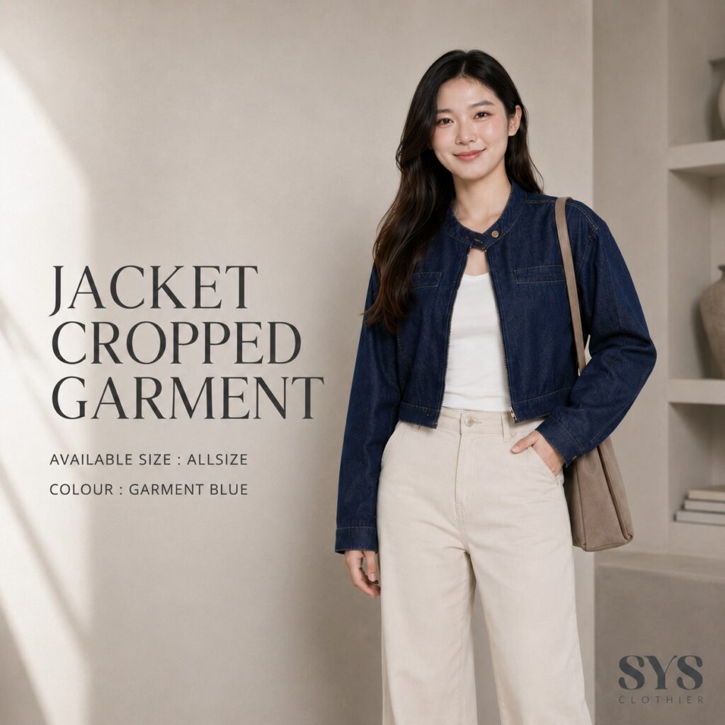 Sys Clothier Cropped Denim Jacket Wanita Garment Blue | Premium Jaket Jeans Crop Cewek All Size (Fit to Size L)