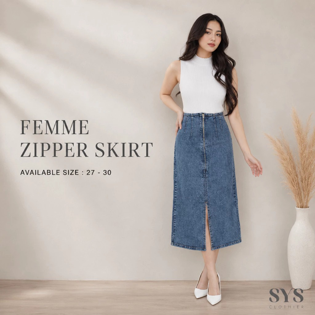 Sys Clothier Femme Zipper Skirt Jeans Wanita I Rok Midi High Waist Denim Premium (Size 27-30)