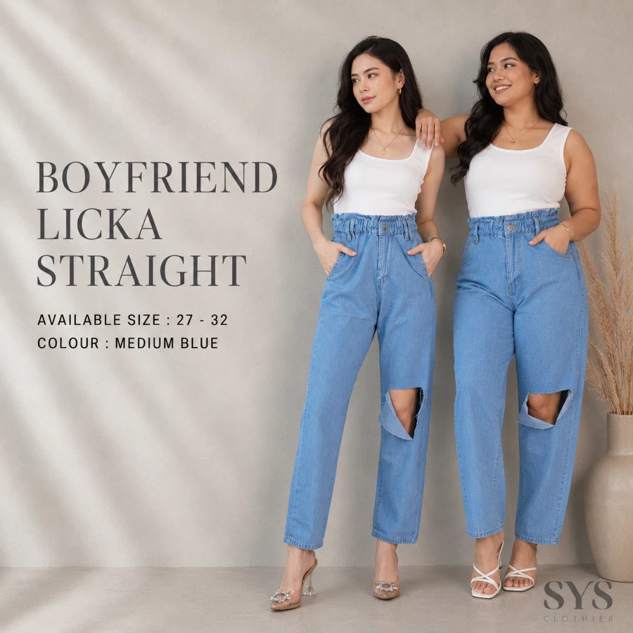 Sys Clothier Boyfriend Licka Straight Jeans Wanita I High Waist Ripped Loose Fit Denim Premium (Size 27-32)
