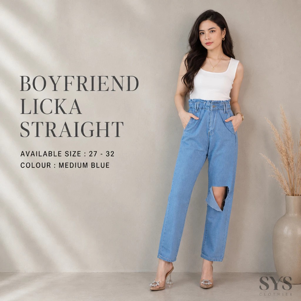 Sys Clothier Boyfriend Licka Straight Jeans Wanita I High Waist Ripped Loose Fit Denim Premium (Size 27-32) - Gambar 2