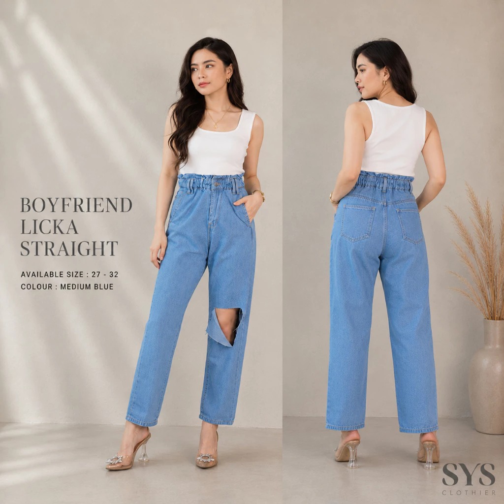 Sys Clothier Boyfriend Licka Straight Jeans Wanita I High Waist Ripped Loose Fit Denim Premium (Size 27-32) - Gambar 3