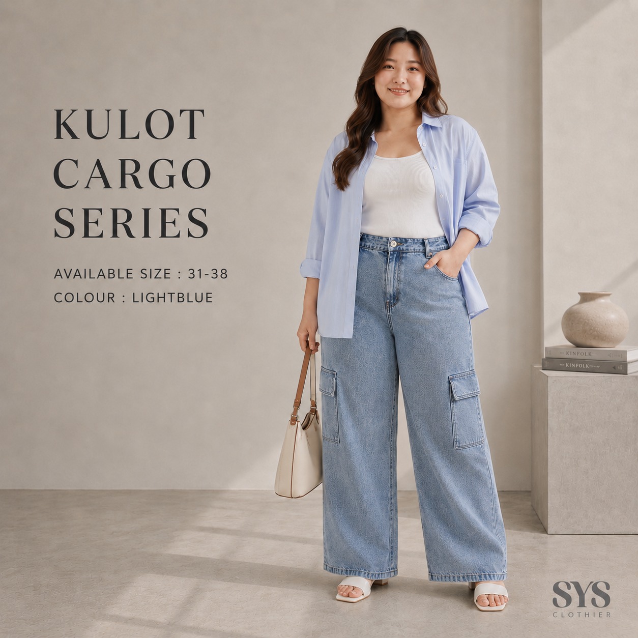 Sys Clothier Kulot Cargo Series Jeans Wanita I Celana Panjang Jumbo High Waist Loose Fit Denim Premium (Size 31-38) - Gambar 5