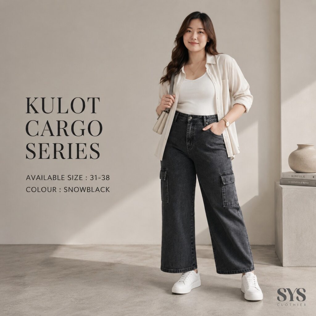 Sys Clothier Kulot Cargo Series Jeans Wanita I Celana Panjang Jumbo High Waist Loose Fit Denim Premium (Size 31-38)