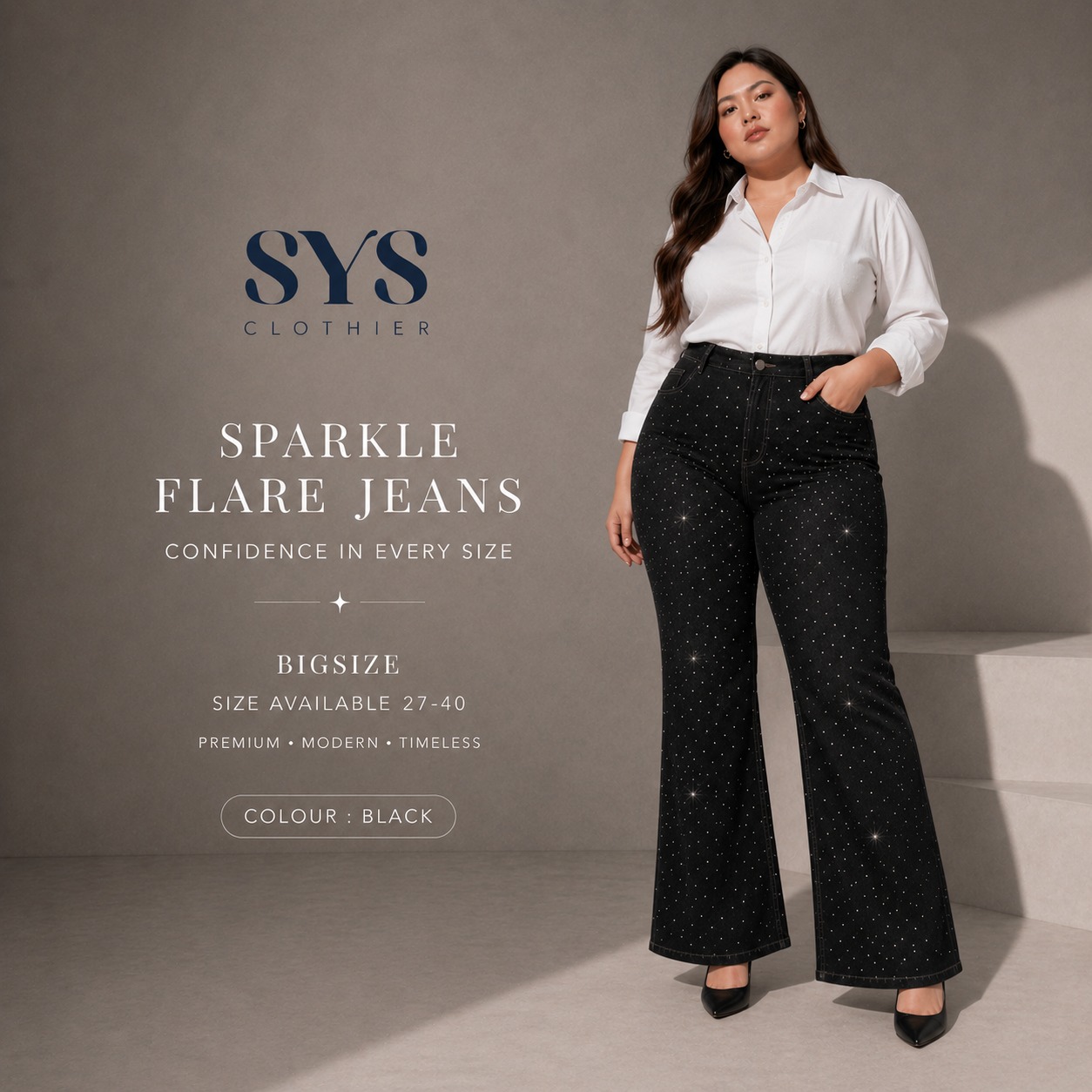 SYS Clothier Sparkle Flare Jeans Wanita I High Waist Cutbray Premium Stretch Denim (Regular & Big Size 27–40) - Gambar 5