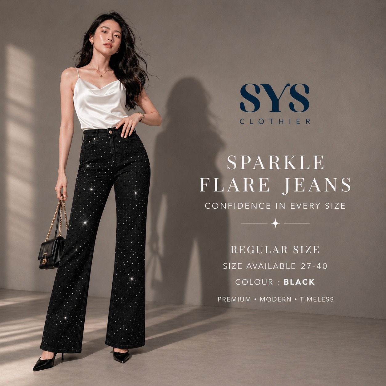 SYS Clothier Sparkle Flare Jeans Wanita I High Waist Cutbray Premium Stretch Denim (Regular & Big Size 27–40) - Gambar 6