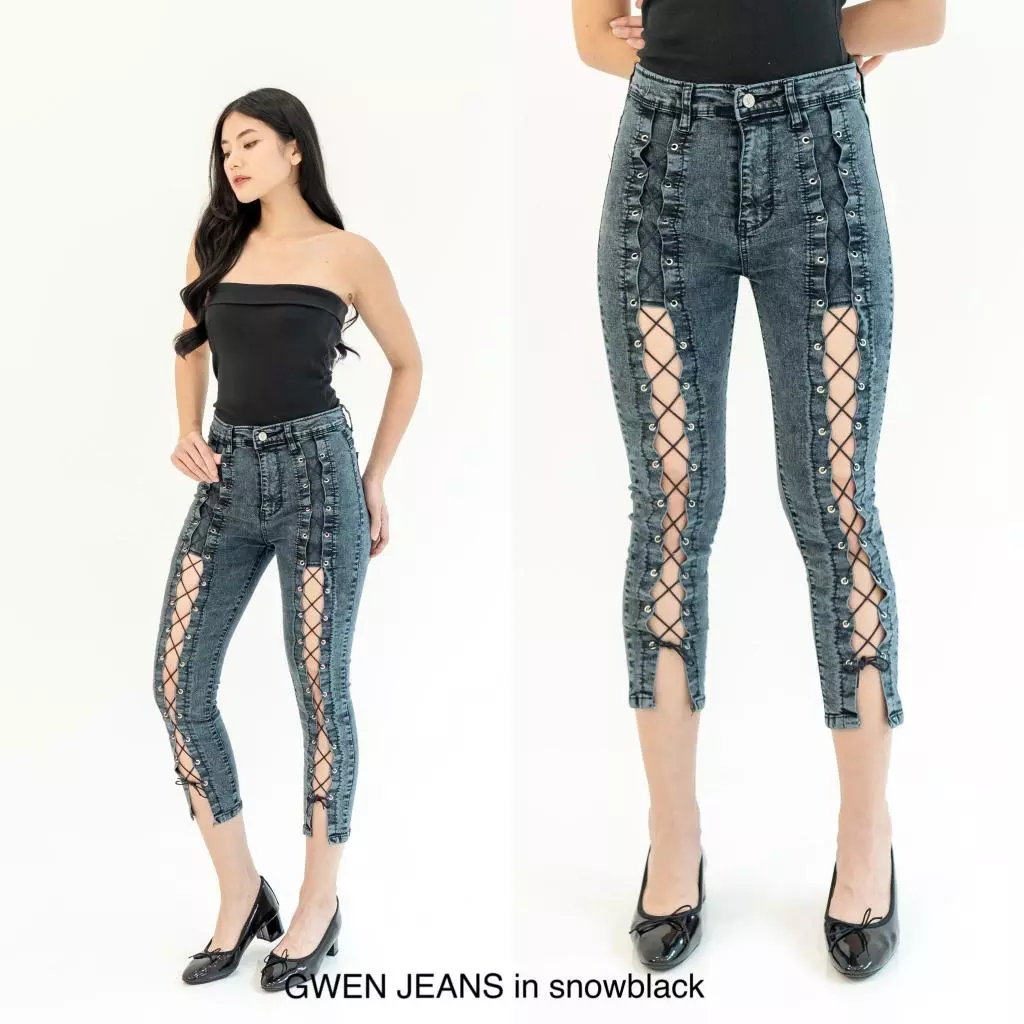 Sys Clothier Gwen Lace Up Series Jeans Wanita l High Waist Slim Fit Denim Premium (Size 27-34) - Gambar 3