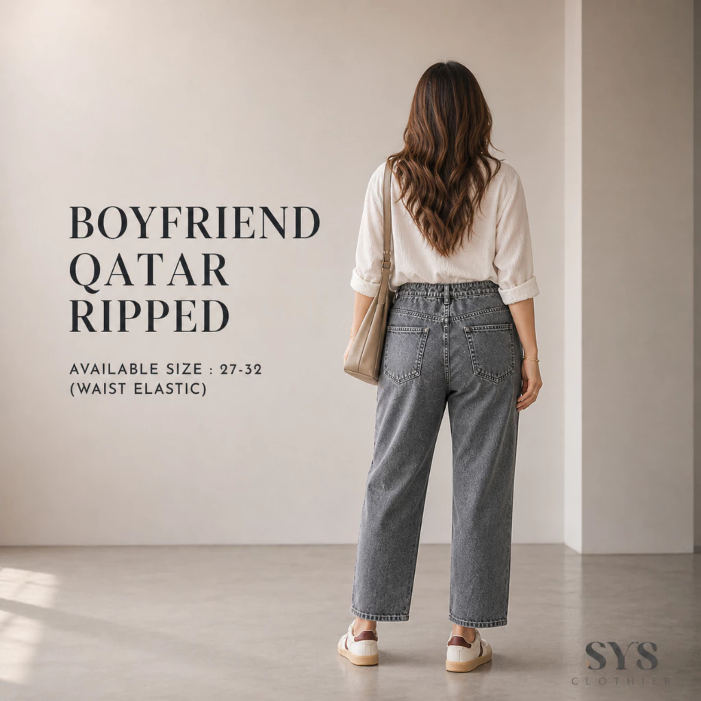 Sys Clothier Boyfriend Qatar Ripped Jeans Wanita I High Waist Loose Fit Premium Denim (Size 27-32) - Gambar 3