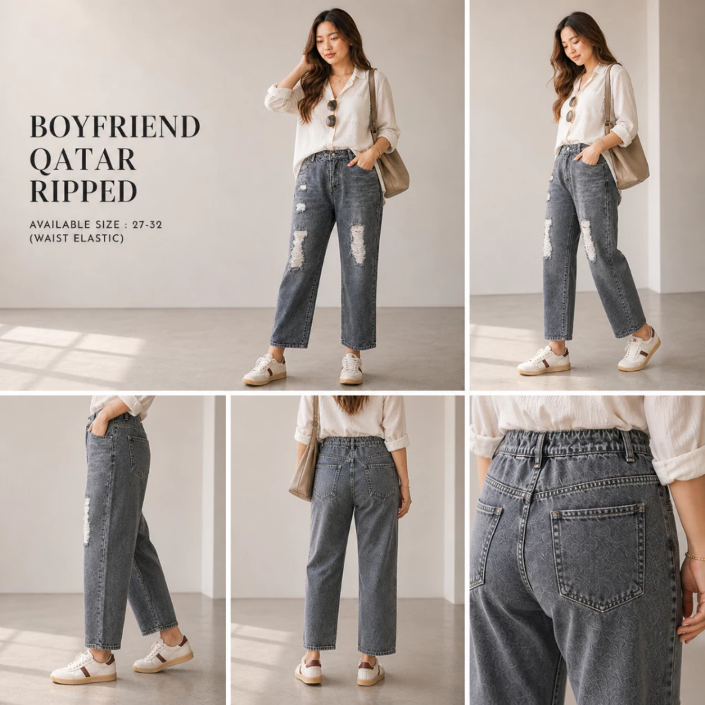 Sys Clothier Boyfriend Qatar Ripped Jeans Wanita I High Waist Loose Fit Premium Denim (Size 27-32) - Gambar 2