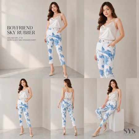 Sys Clothier Boyfriend Sky Rubber Jeans Wanita I High Waist Elastic Tie Dye Denim Premium (Size 27-30) - Gambar 3