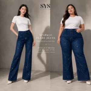 SYS Clothier Sparkle Flare Jeans Wanita I High Waist Cutbray Premium Stretch Denim (Regular & Big Size 27–40)