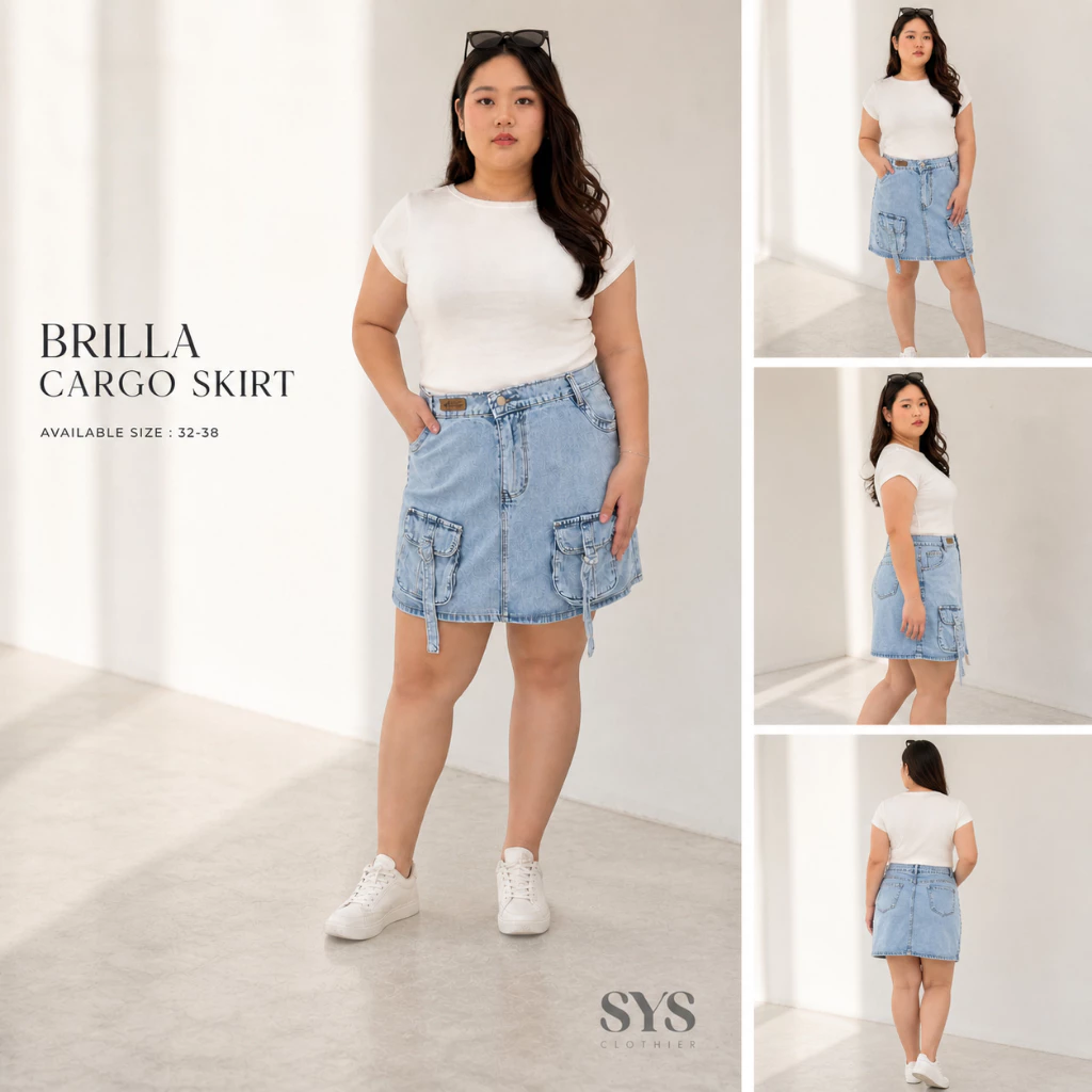 Sys Clothier Brilla Cargo Skirt Jeans Wanita I Rok Pendek High Waist Denim Premium Bigsize (Size 32-38) - Gambar 3