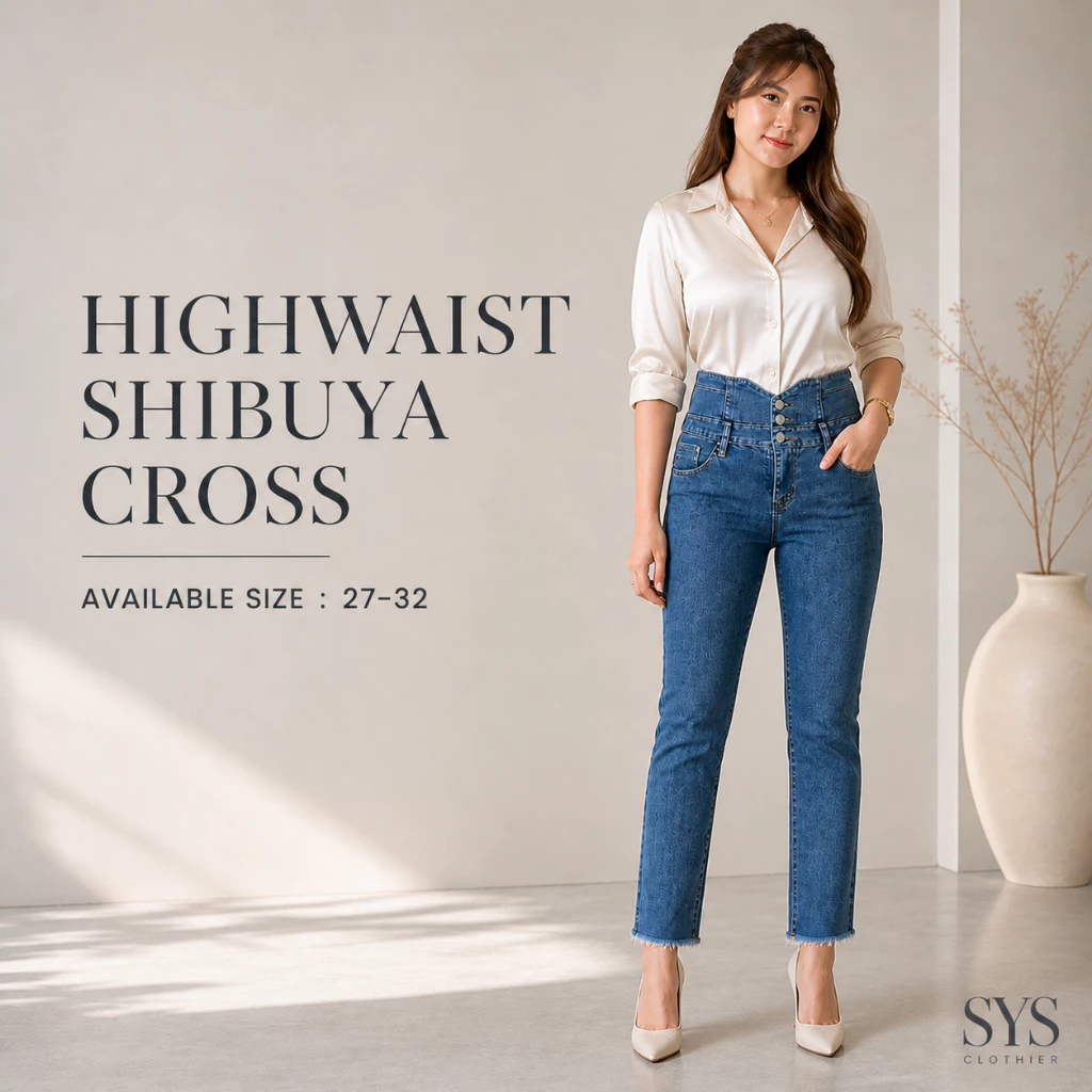 Sys Clothier High Waist Shibuya Cross Jeans Wanita | Celana Denim Slim Fit Premium (Size 27-32)