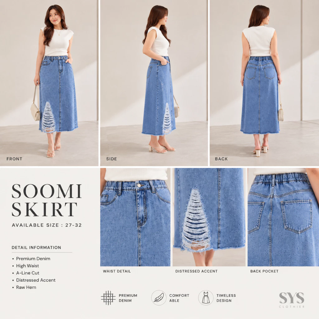 Sys Clothier Soomi Skirt Ripped Jeans Wanita I Rok High Waist A-Line Denim Premium (Size 27-32) - Gambar 3