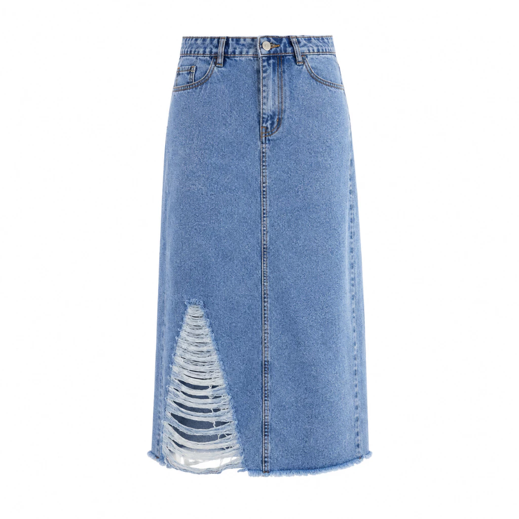 Sys Clothier Soomi Skirt Ripped Jeans Wanita I Rok High Waist A-Line Denim Premium (Size 27-32) - Gambar 5