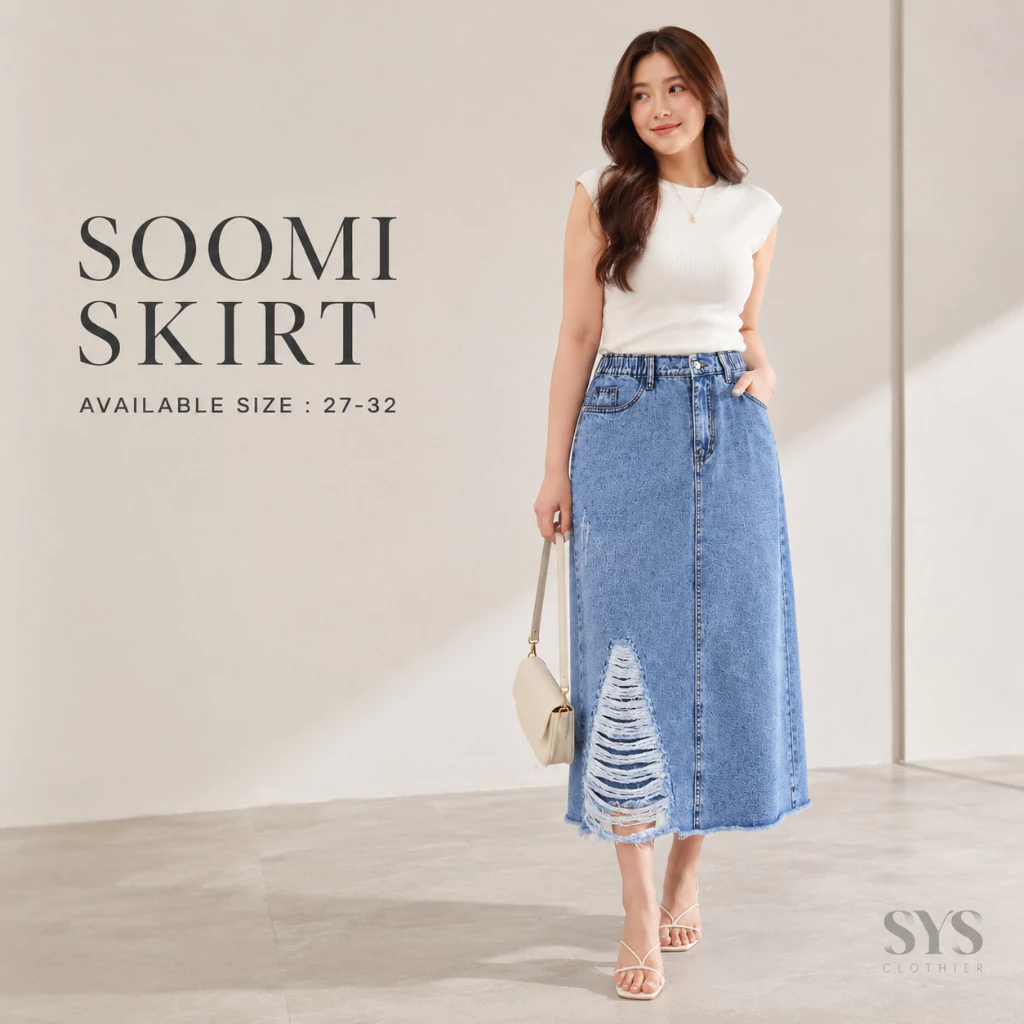 Sys Clothier Soomi Skirt Ripped Jeans Wanita I Rok High Waist A-Line Denim Premium (Size 27-32)
