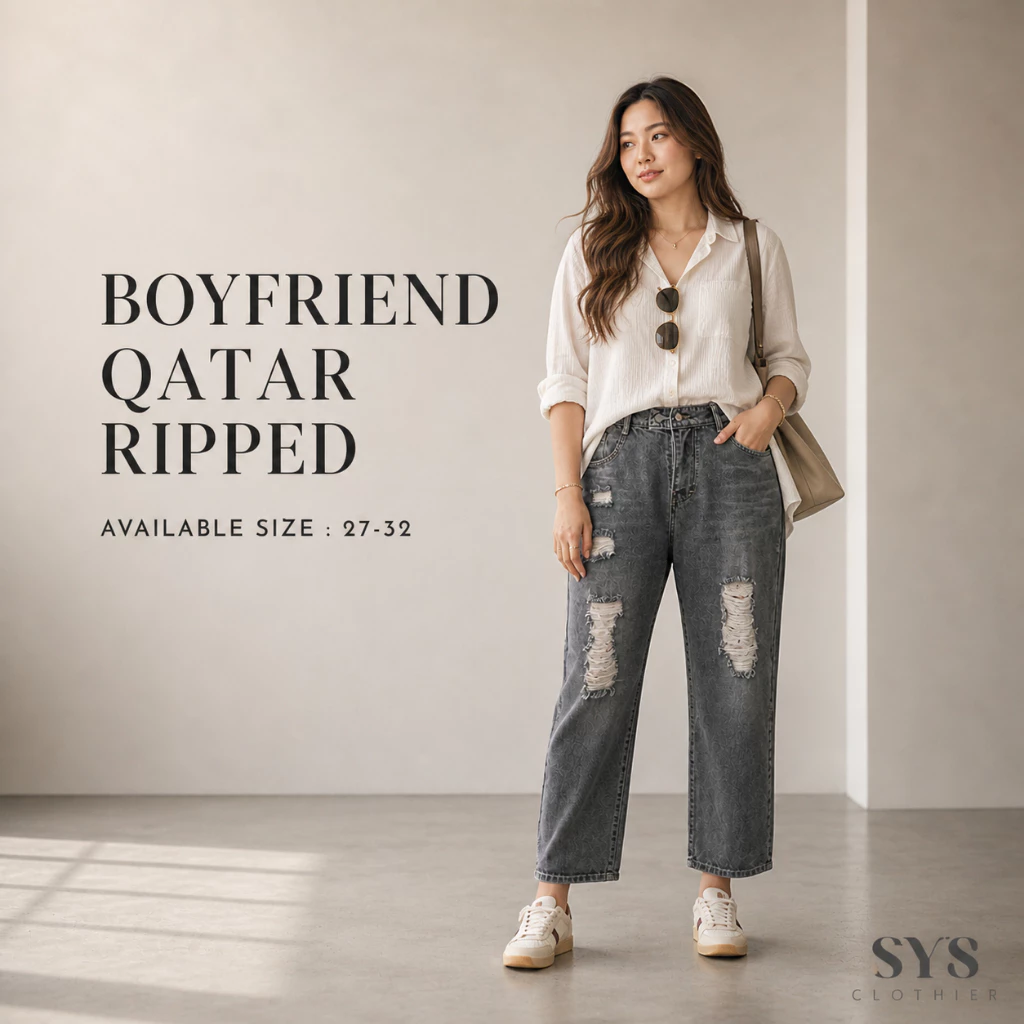 Sys Clothier Boyfriend Qatar Ripped Jeans Wanita I High Waist Loose Fit Premium Denim (Size 27-32)