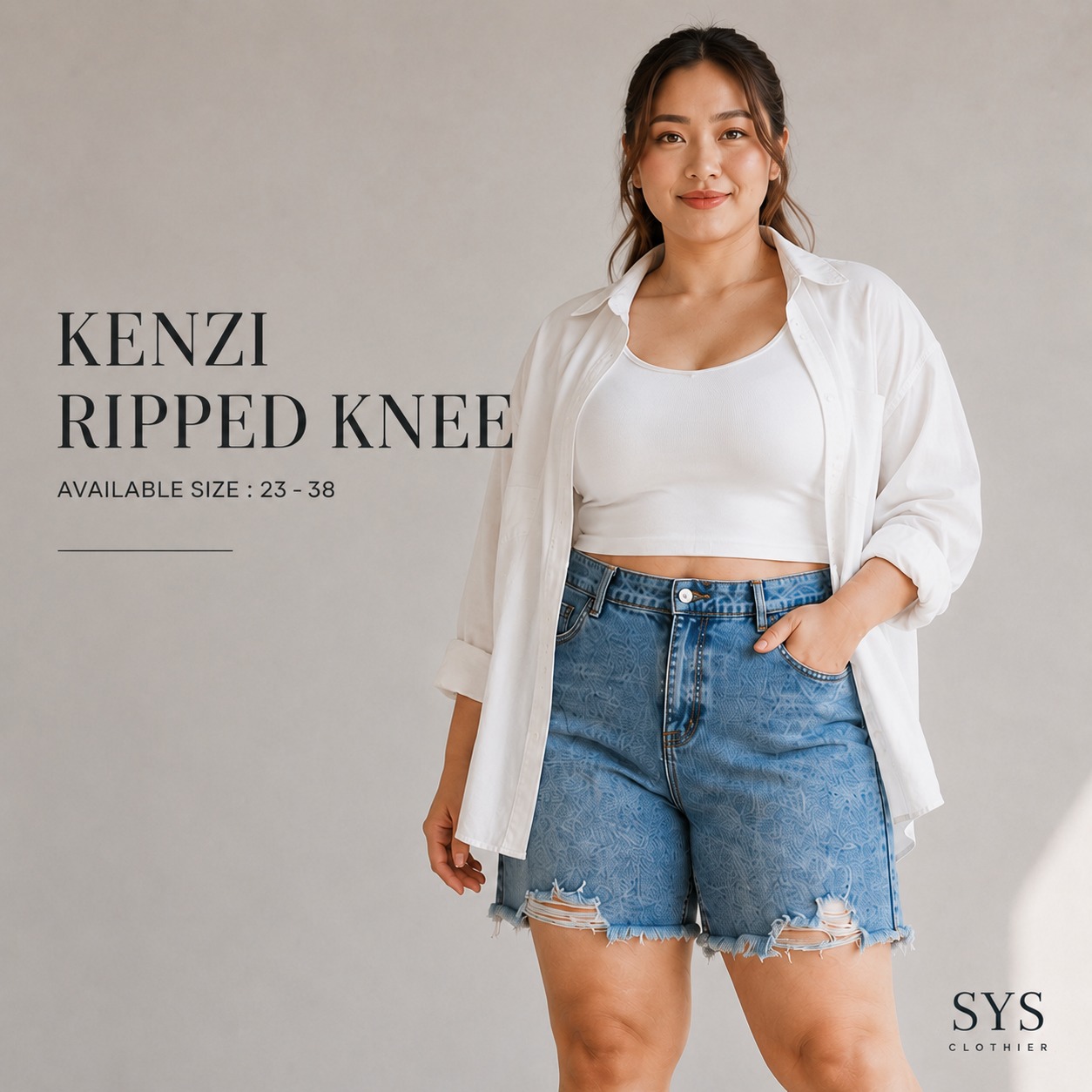 SYS Clothier Kenzi Ripped Knee Short Jeans I Celana Pendek Denim Premium Jumbo Big Size (Size 33-38) - Gambar 3