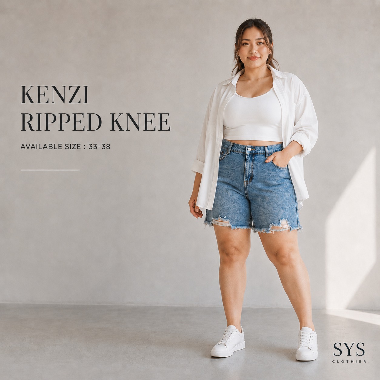 SYS Clothier Kenzi Ripped Knee Short Jeans I Celana Pendek Denim Premium Jumbo Big Size (Size 33-38) - Gambar 4