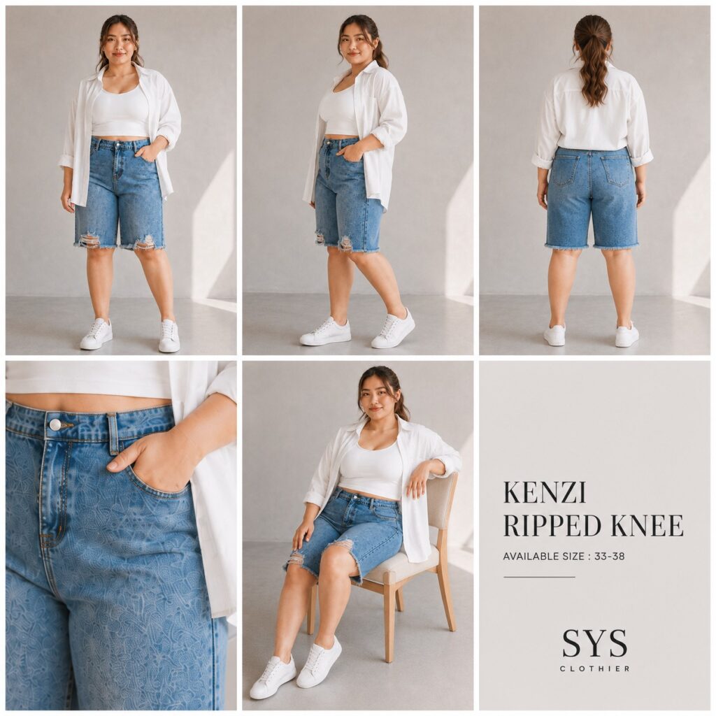 SYS Clothier Kenzi Ripped Knee Short Jeans I Celana Pendek Denim Premium Jumbo Big Size (Size 33-38)