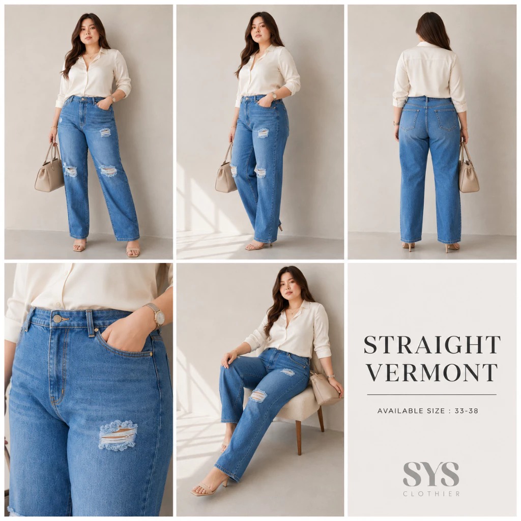 SYS Clothier Straight Vermont Ripped Jeans Wanita I High Waist Denim Sobek Premium Jumbo Big Size (Size 33-38) - Gambar 3
