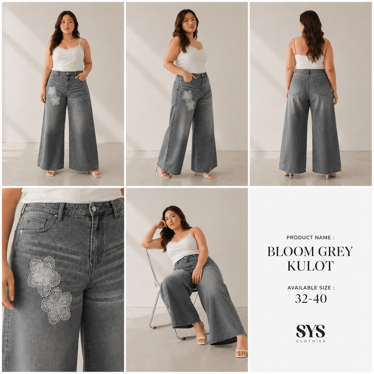 Sys Clothier Bloom Grey Kulot Jeans Wanita Bigsize | High Waist Wide Leg Premium Denim Jumbo (Size 32–40) - Gambar 2