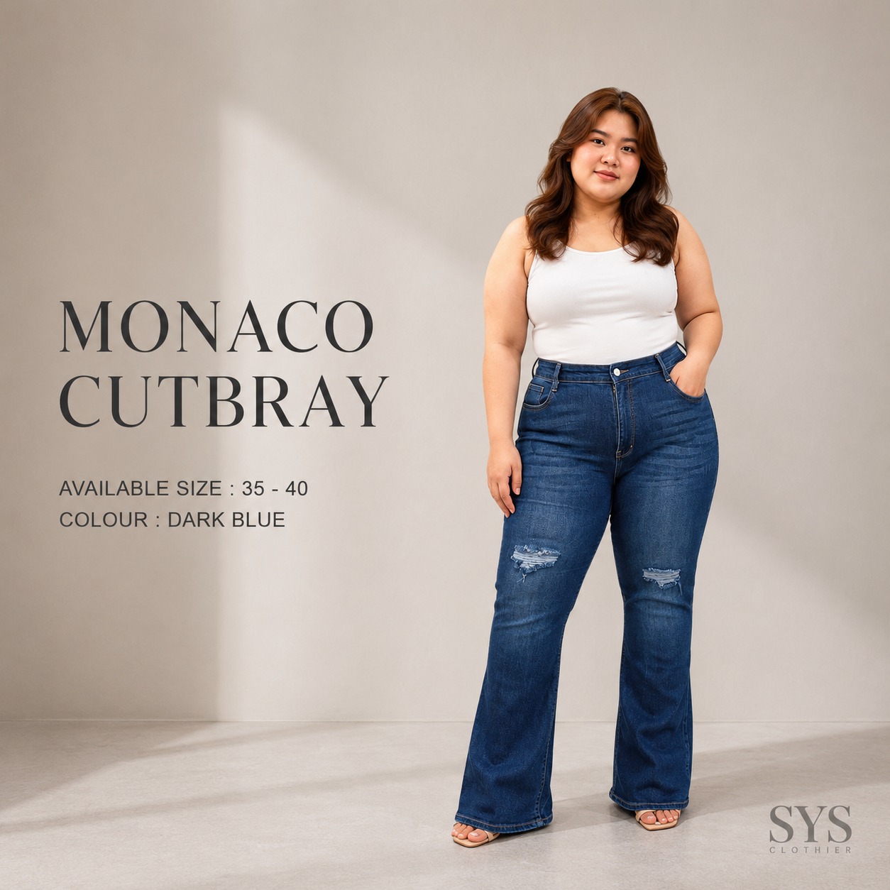 SYS Clothier Monaco Cutbray Jeans Wanita Bigsize I High Waist Stretch Ripped Denim Premium Jumbo (Size 35-40) - Gambar 3
