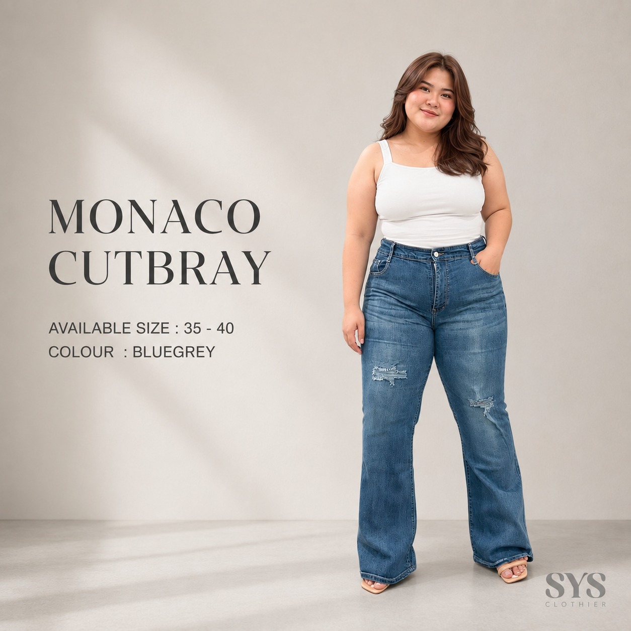 SYS Clothier Monaco Cutbray Jeans Wanita Bigsize I High Waist Stretch Ripped Denim Premium Jumbo (Size 35-40)