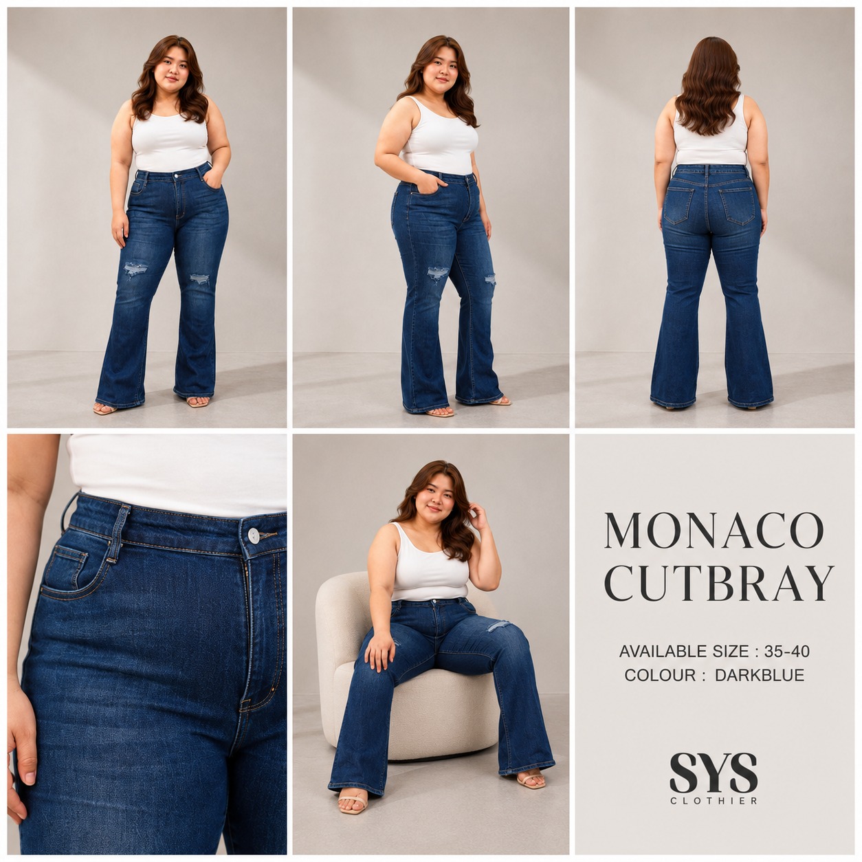 SYS Clothier Monaco Cutbray Jeans Wanita Bigsize I High Waist Stretch Ripped Denim Premium Jumbo (Size 35-40) - Gambar 2