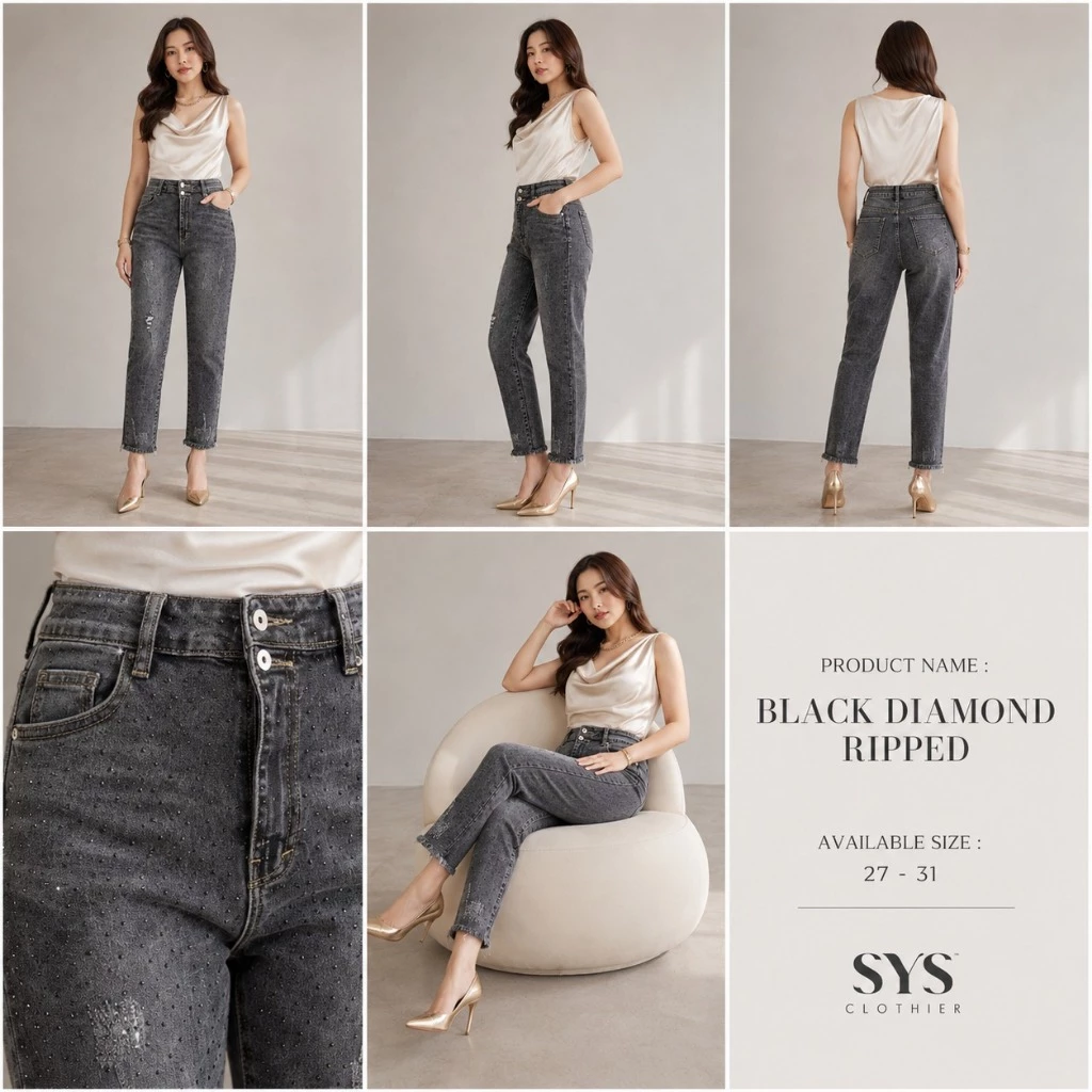 SYS Clothier Black Diamond Ripped Jeans Wanita I Celana Denim High Waist Glitter Premium Stretch (Size 27-31) - Gambar 2