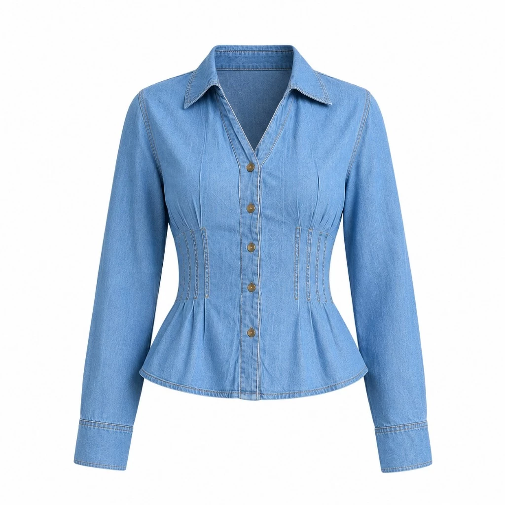 SYS CLOTHIER Bonnie Denim Shirt Wanita Premium | Kemeja Jeans Korean Style | Light Blue & Dark Blue - Gambar 6