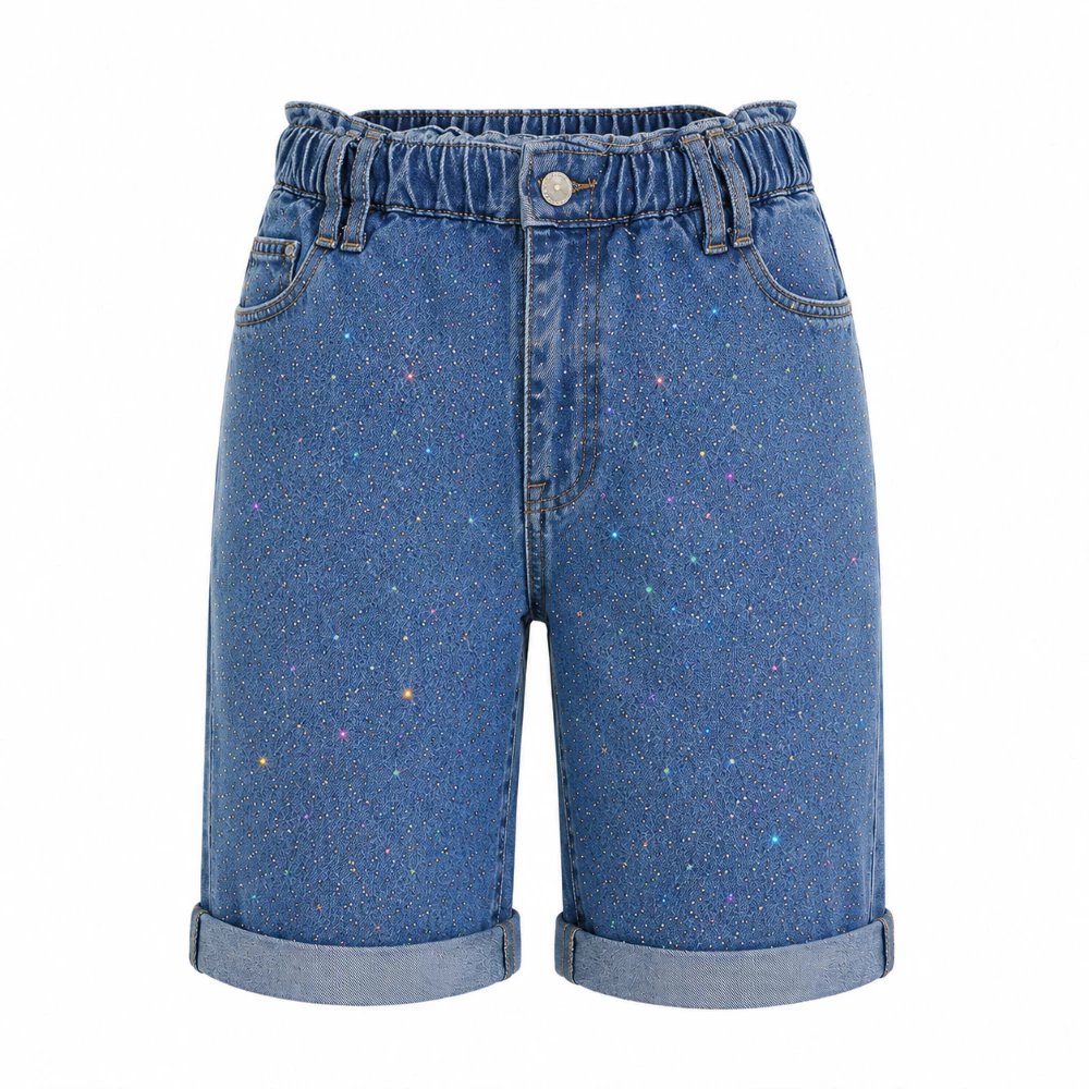 SYS CLOTHIER Knee Rainbow Glitter Jeans Wanita Premium | Celana High Waist Denim Short Premium | Rhinestone Rainbow | Size 27 - 32 - Gambar 4