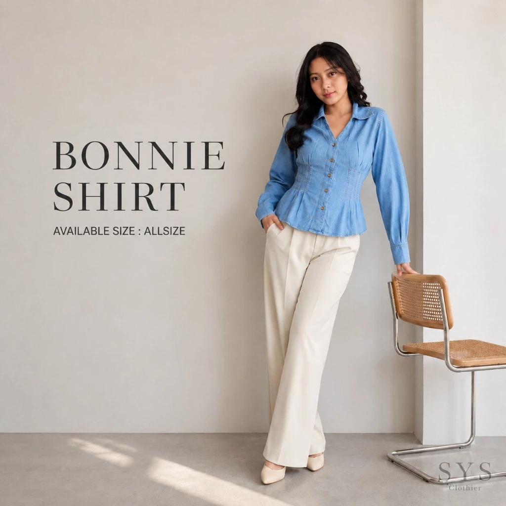 SYS CLOTHIER Bonnie Denim Shirt Wanita Premium | Kemeja Jeans Korean Style | Light Blue & Dark Blue - Gambar 4