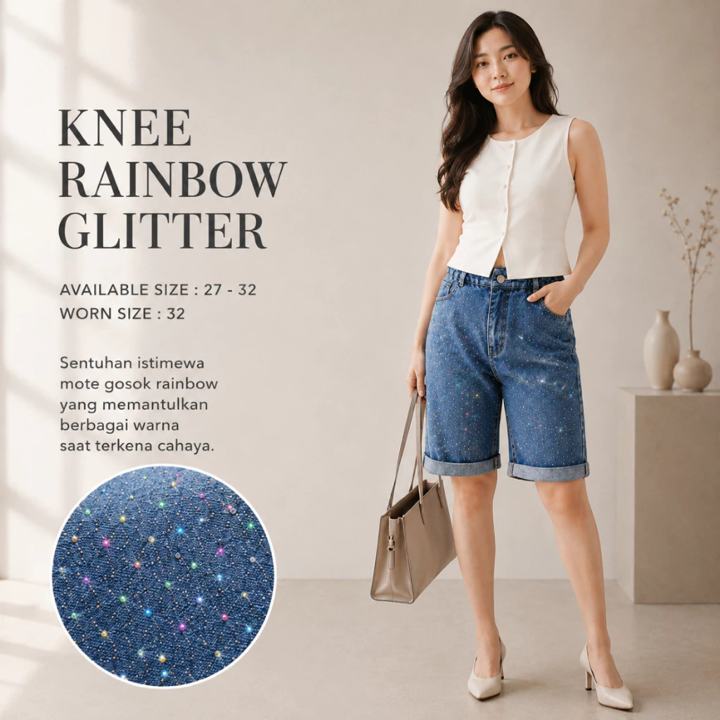 SYS CLOTHIER Knee Rainbow Glitter Jeans Wanita Premium | Celana High Waist Denim Short Premium | Rhinestone Rainbow | Size 27 - 32 - Gambar 2