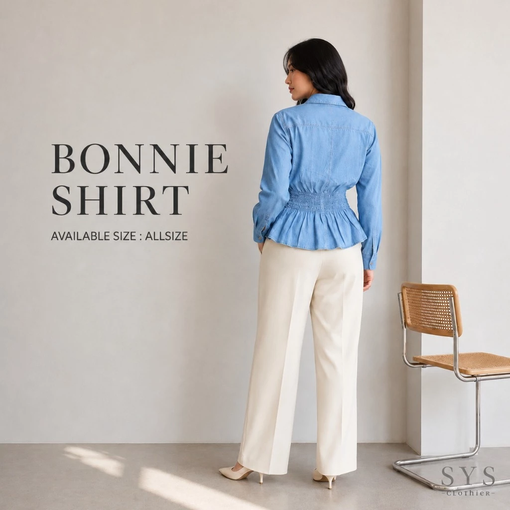 SYS CLOTHIER Bonnie Denim Shirt Wanita Premium | Kemeja Jeans Korean Style | Light Blue & Dark Blue - Gambar 7