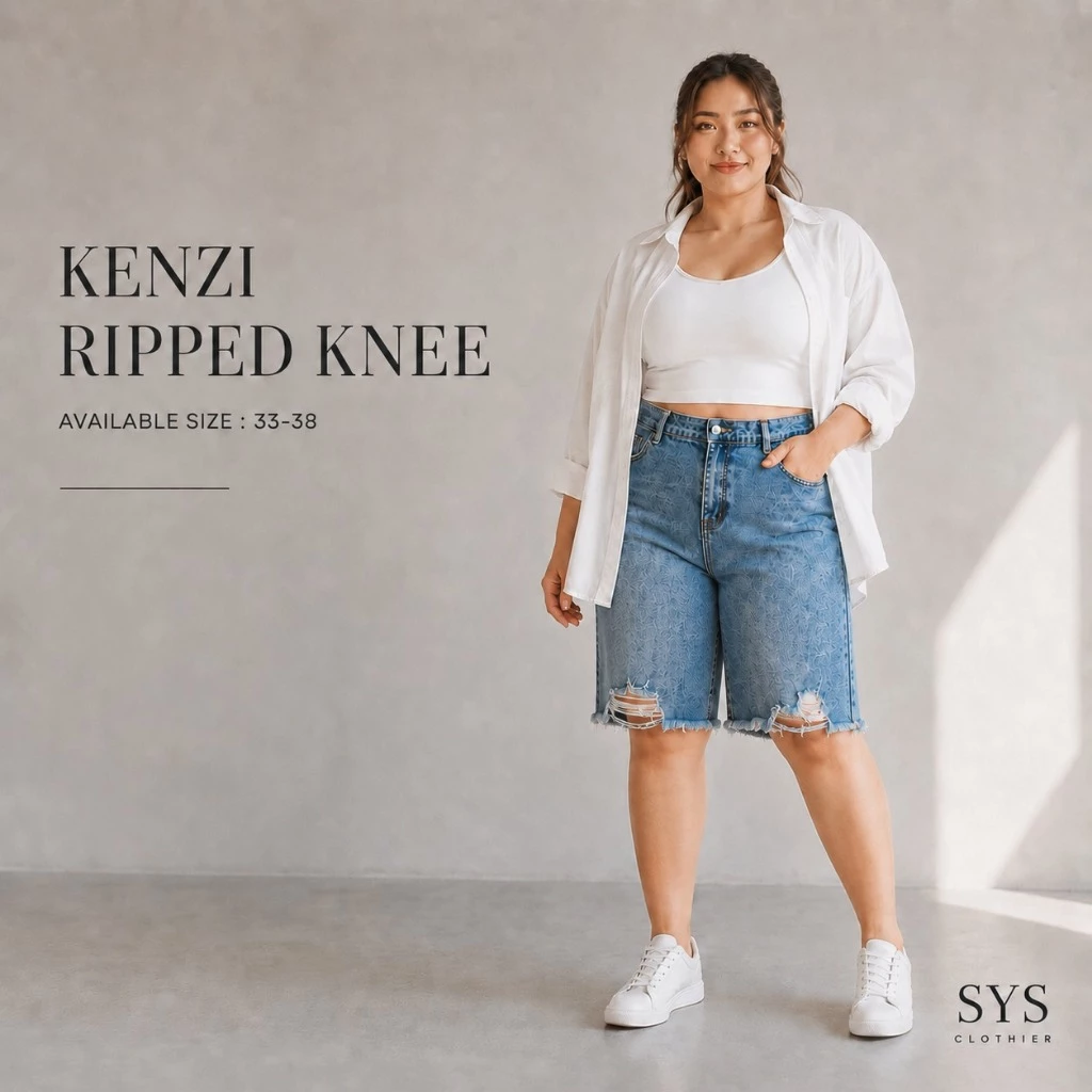 SYS Clothier Kenzi Ripped Knee Short Jeans I Celana Pendek Denim Premium Jumbo Big Size (Size 33-38) - Gambar 2