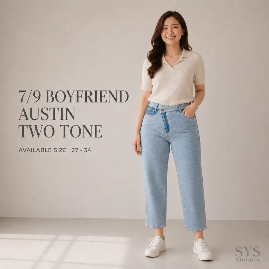 SYS CLOTHIER 7/9 Austin Two Tone Boyfriend Jeans Wanita I High Waist Loose Fit Denim Premium Jumbo (Size 27-34)