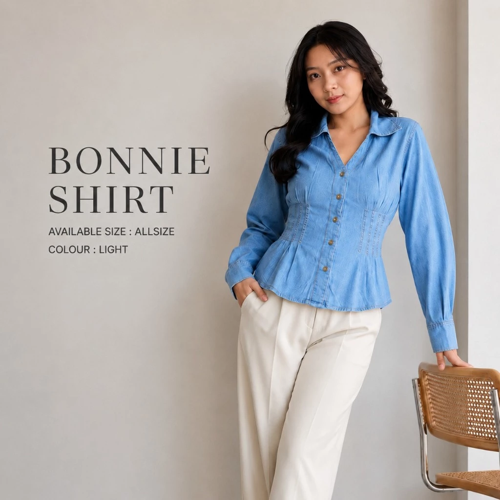 SYS CLOTHIER Bonnie Denim Shirt Wanita Premium | Kemeja Jeans Korean Style | Light Blue & Dark Blue - Gambar 2