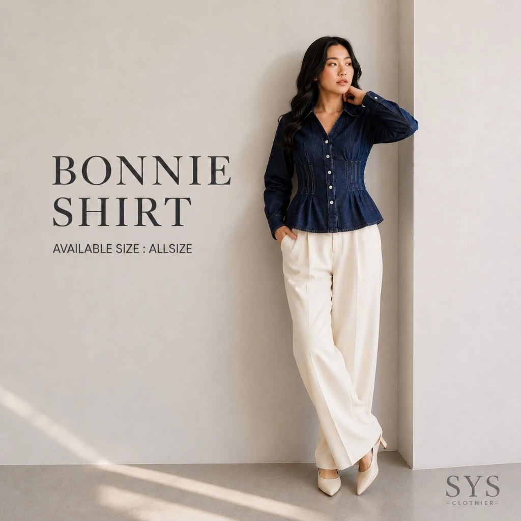SYS CLOTHIER Bonnie Denim Shirt Wanita Premium | Kemeja Jeans Korean Style | Light Blue & Dark Blue - Gambar 3
