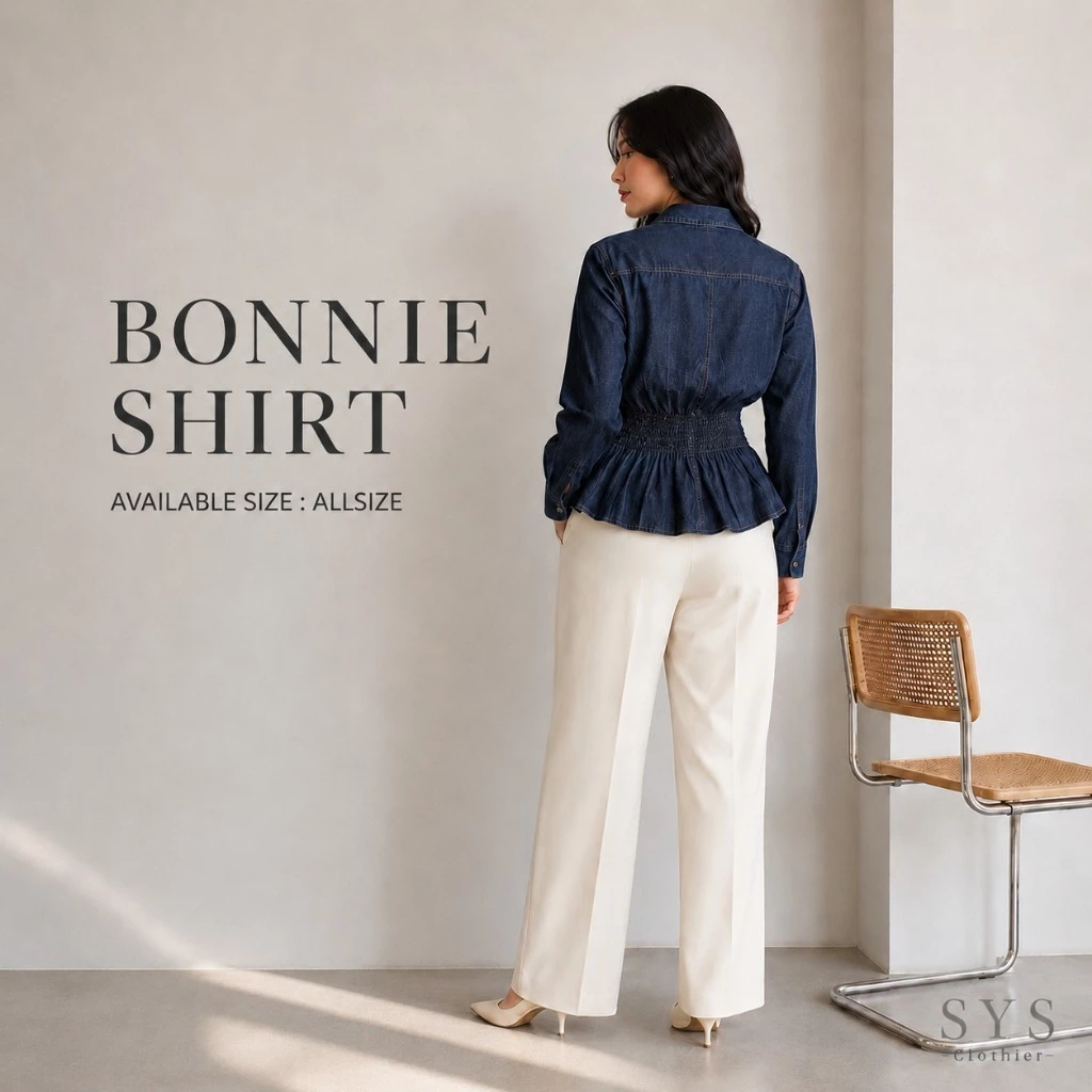 SYS CLOTHIER Bonnie Denim Shirt Wanita Premium | Kemeja Jeans Korean Style | Light Blue & Dark Blue - Gambar 5